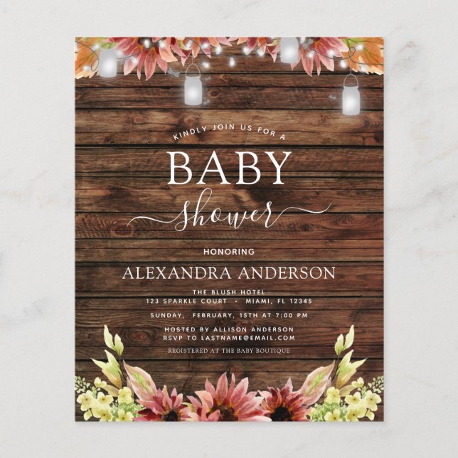 Budget Rustic Wood Autumn Sunflowers Baby Shower (Front)