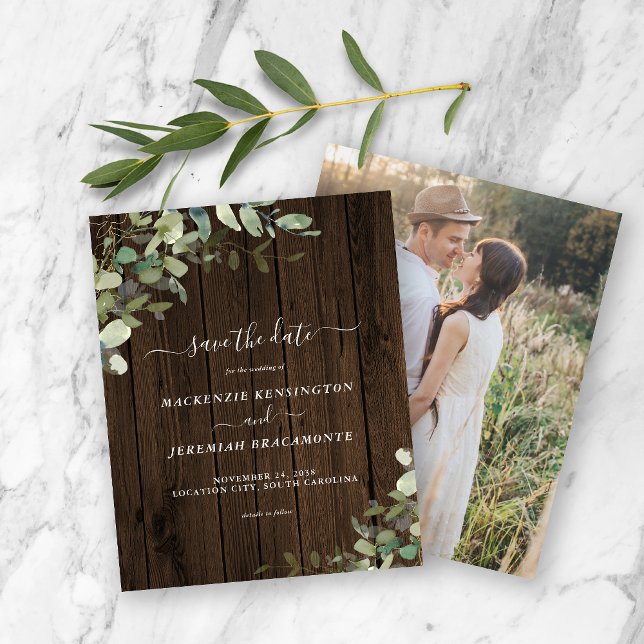 Budget Rustic Wood Eucalyptus Photo Save the Date (Creator Uploaded)