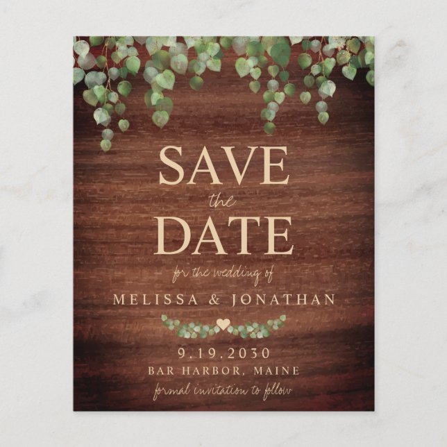 Budget Rustic Wood Eucalyptus Save The Date (Front)