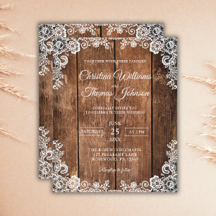 Budget Rustic Wood Lace Country Wedding Invitation