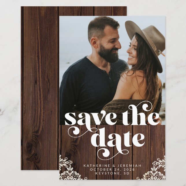 BUDGET Rustic Wood Lace Photo Save the Date (Front/Back)