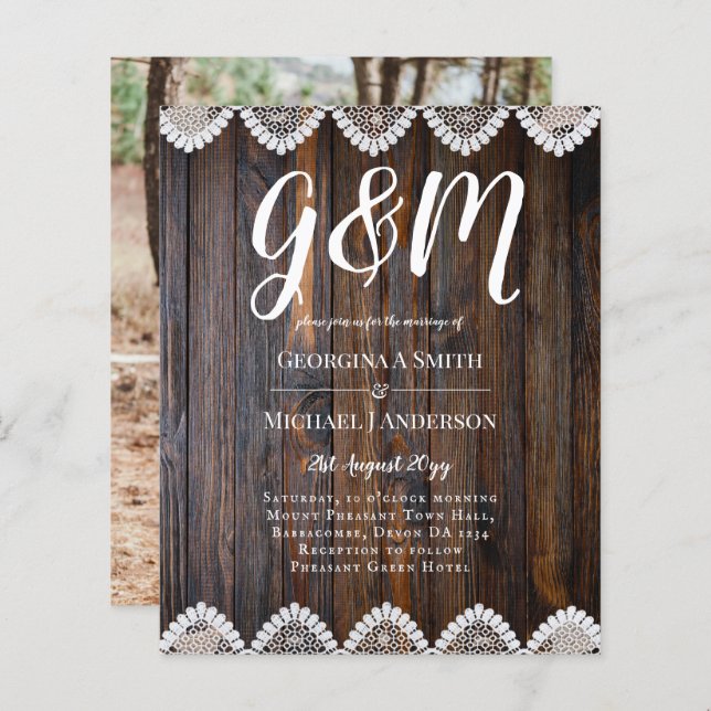 BUDGET Rustic Wood Lace Wedding Invitation (Front/Back)