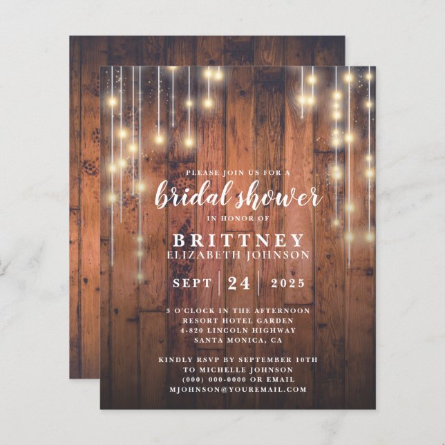 Budget Rustic Wood Lights Bridal Shower Invitation (Front/Back)