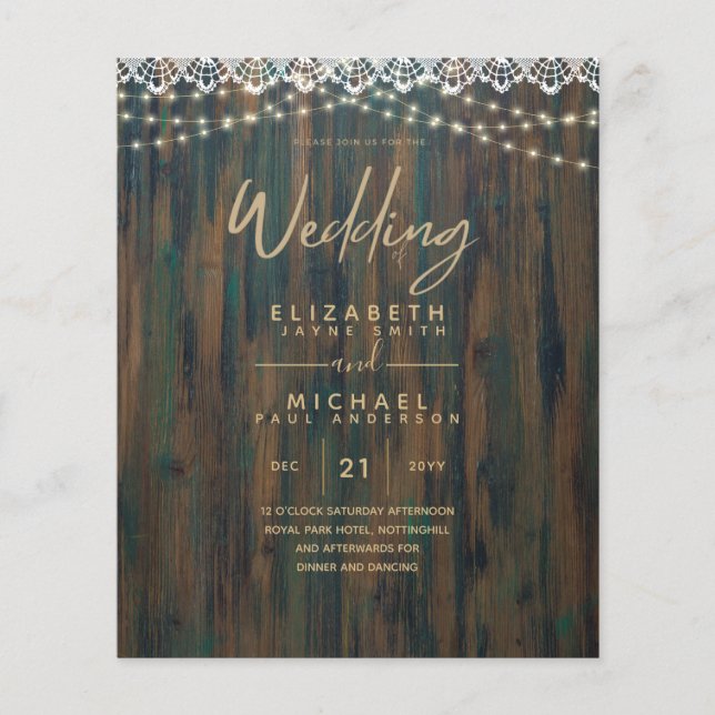 BUDGET RUSTIC WOOD LIGHTS LACE Wedding Invite Flye Flyer (Front)