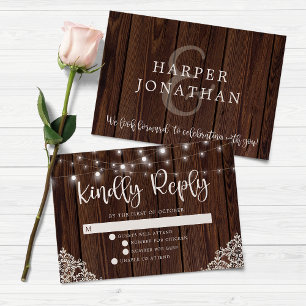 BUDGET Rustic Wood Lights Lace Wedding RSVP Card