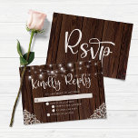 BUDGET Rustic Wood String Lights Lace Wedding RSVP Card<br><div class="desc">Rustic Wood and String Lights Lace Wedding RSVP card featuring a rustic wood background with twinkling strings of lights and vintage style lace in the bottom corners. The words "Kindly Reply" are set off in elegant yet rustic typography, making this the perfect design for your boho or country wedding. These...</div>