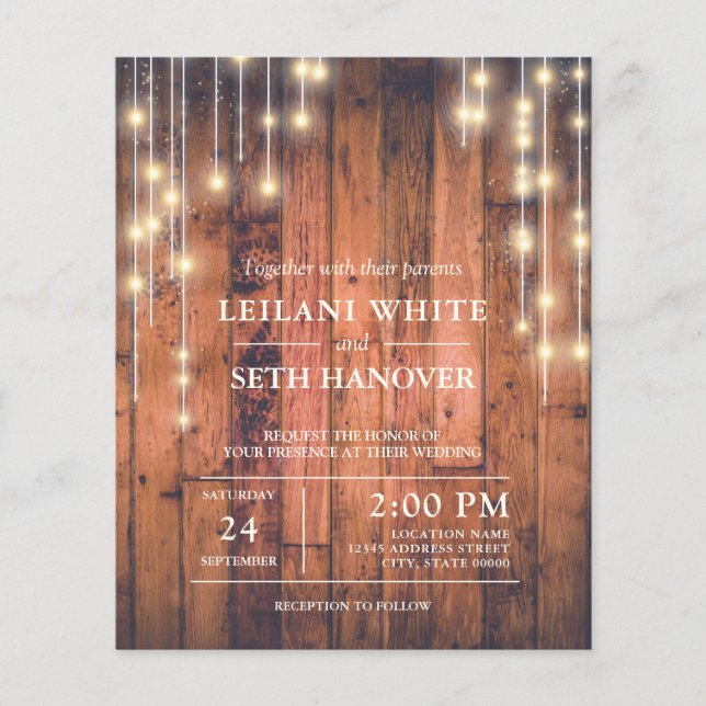 Budget Rustic Wood String Lights Wedding Invite (Front)