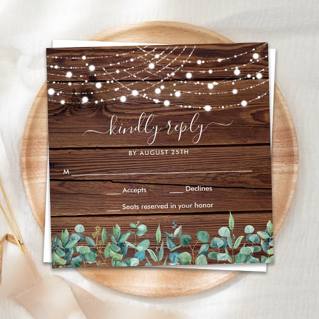 Budget Rustic Wood String Lights Wedding RSVP  Card (Creator Uploaded)