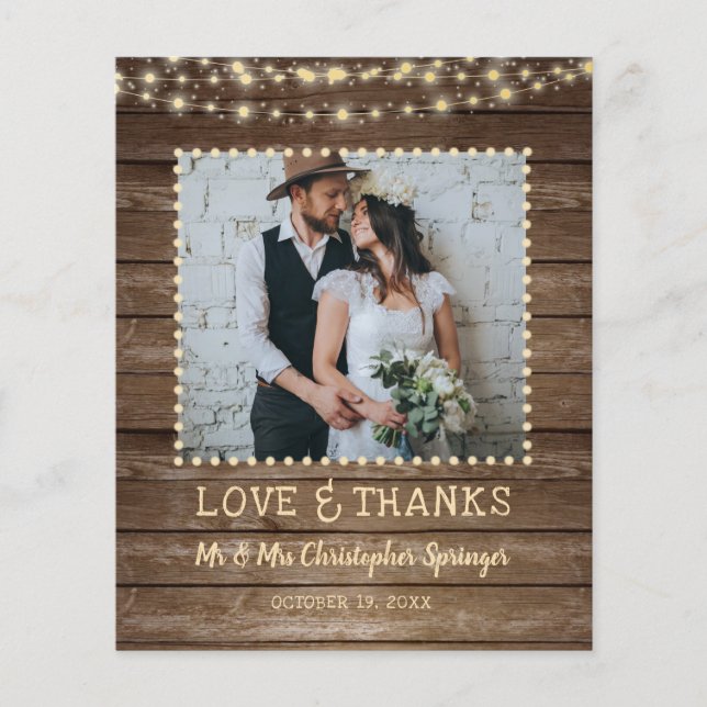 Budget Rustic Wood String Lights Wedding Thank You (Front)
