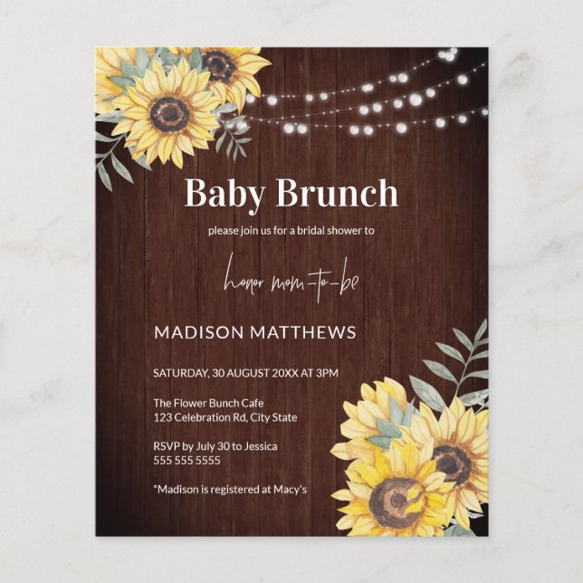 Budget Rustic Wood Sunflower Baby Shower Invite Flyer (Front)