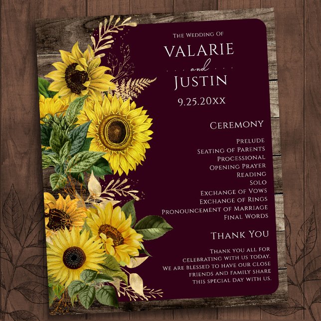 Budget Rustic Wood Sunflower Wedding Program (Creator Uploaded)