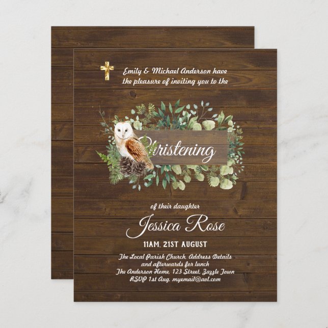 BUDGET Rustic Woodland Christening Invite Baptism  (Front/Back)