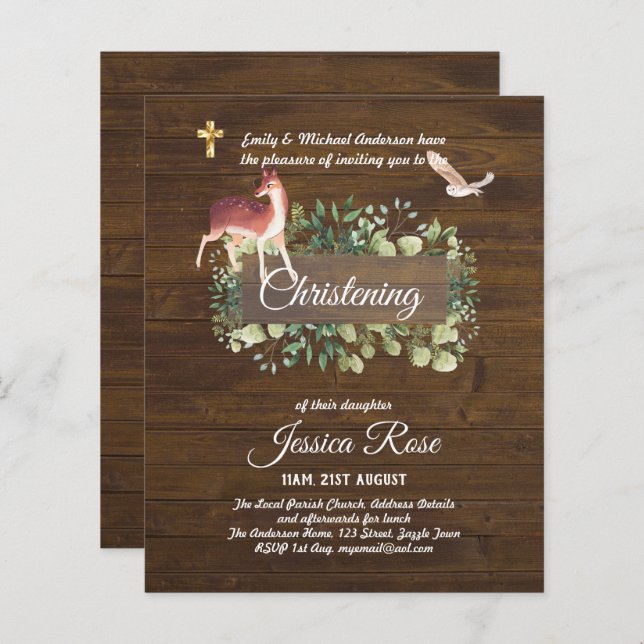 BUDGET Rustic Woodland Christening Invite Baptism  (Front/Back)