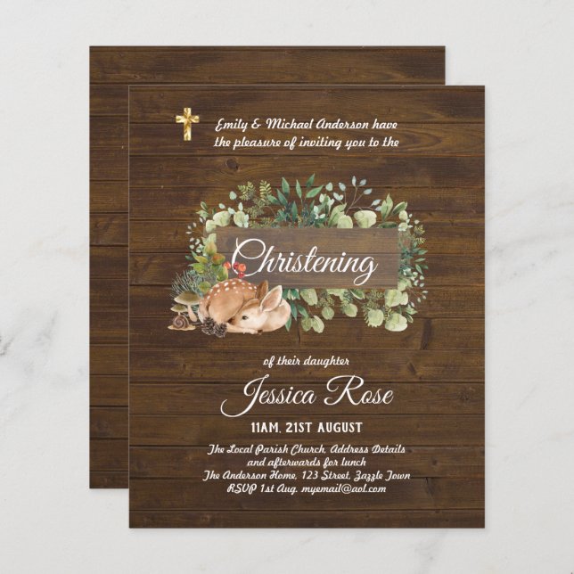 BUDGET Rustic Woodland Christening Invite Baptism  (Front/Back)