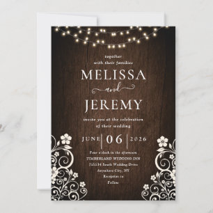 Budget Rustic Woodsy Lights Lace Wood Wedding Invitation