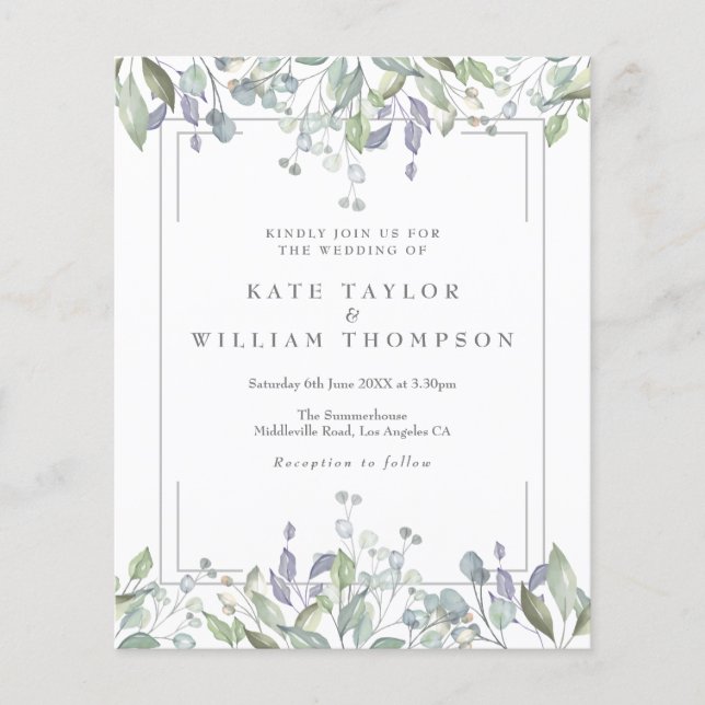 Budget Sage And Lilac Floral Wedding Invitation (Front)