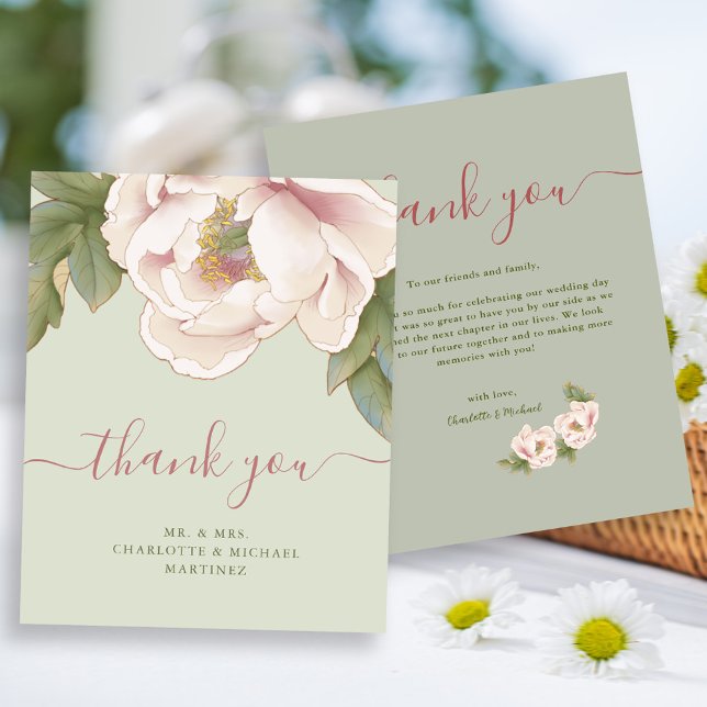 BUDGET Sage & Blush Floral Wedding Thank You Card (Creator Uploaded)