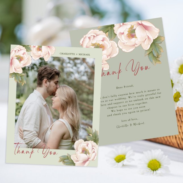 Budget Sage & Blush Photo Wedding Thank you Card (Creator Uploaded)