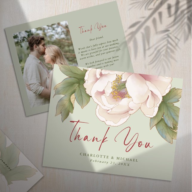BUDGET Sage & Blush Photo Wedding Thank You Card  (Creator Uploaded)