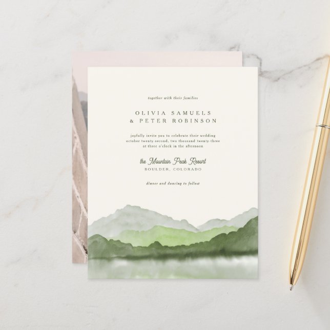 Budget Sage Boho Watercolor Mountain Photo Wedding (Front/Back In Situ)