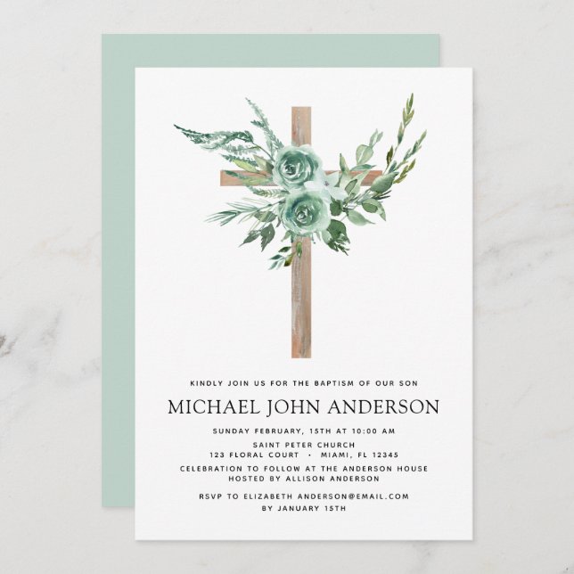 Budget Sage Eucalyptus Baptism Greenery Invitation (Front/Back)