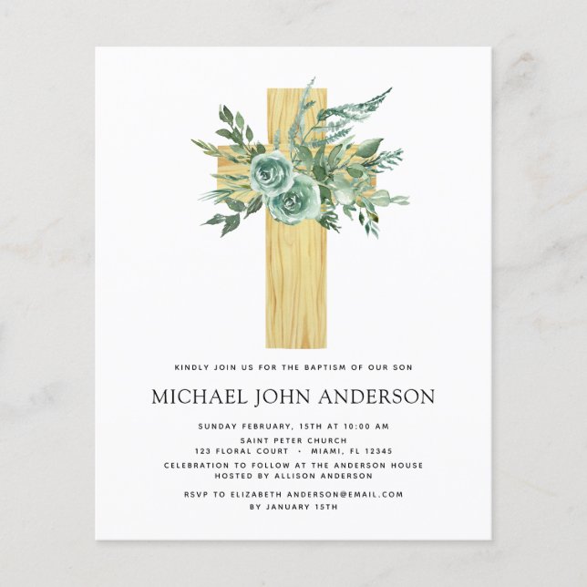 Budget Sage Eucalyptus Baptism Greenery Invitation Flyer (Front)