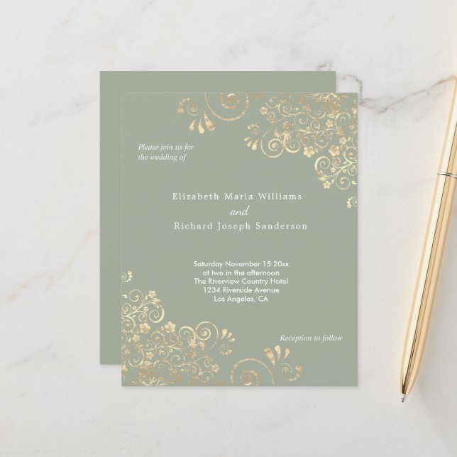 Budget Sage Gold Swirls Wedding Invitation (Front/Back In Situ)