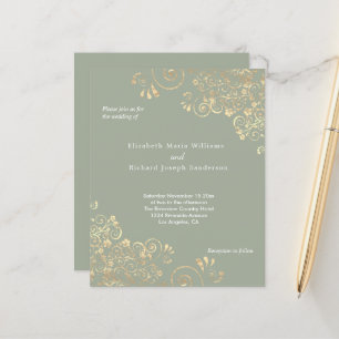 Budget Sage Gold Swirls Wedding Invitation