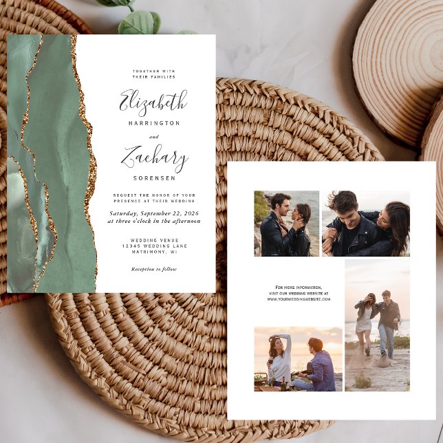 Budget Sage Green 4-Photo Wedding Invite (Creator Uploaded)
