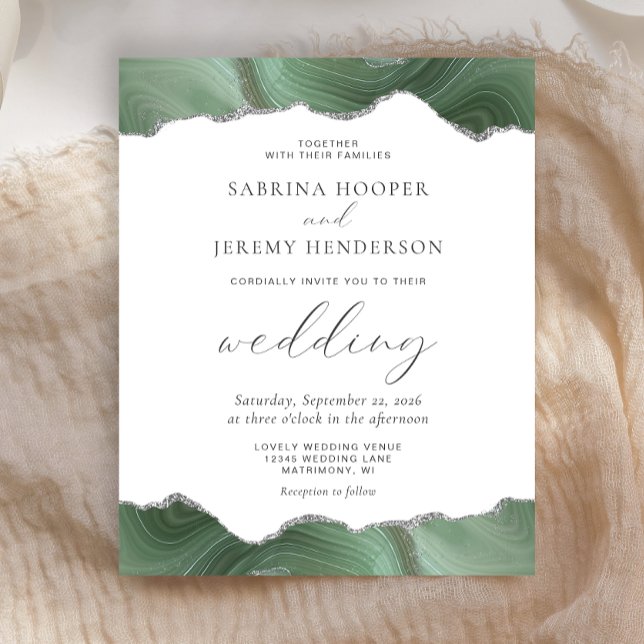 Budget Sage Green Agate Silver Wedding Invitation (Creator Uploaded)