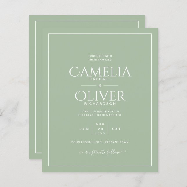Budget Sage Green Apple White Monochrome Wedding (Front/Back)