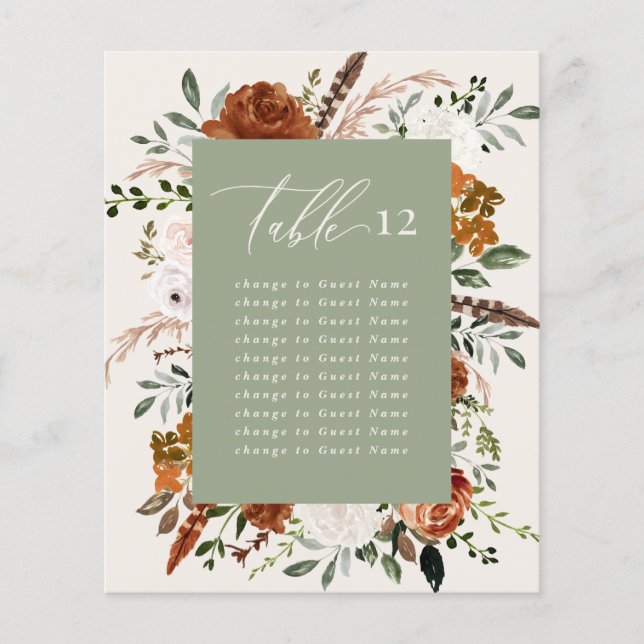 Budget sage green black floral table seating plan (Front)