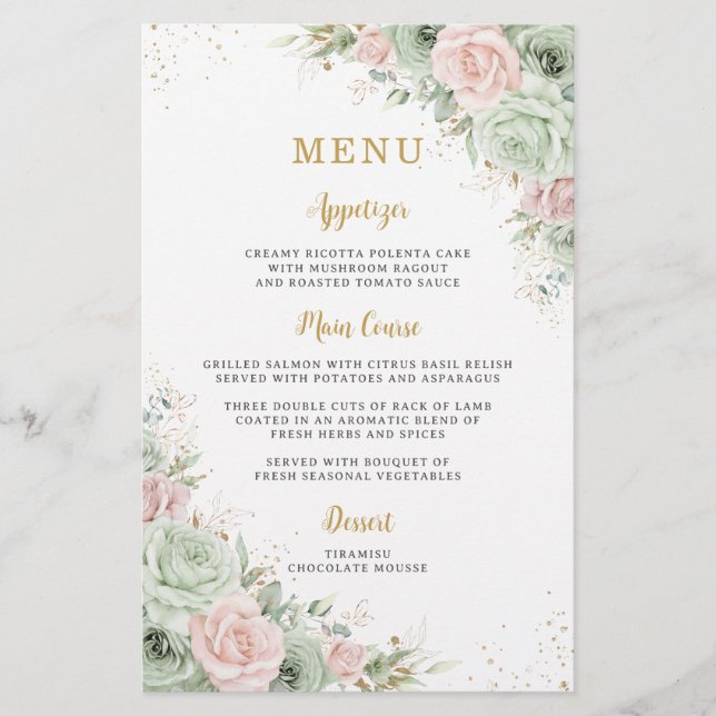 Budget Sage Green Blush Floral Menu Sheet (Front)