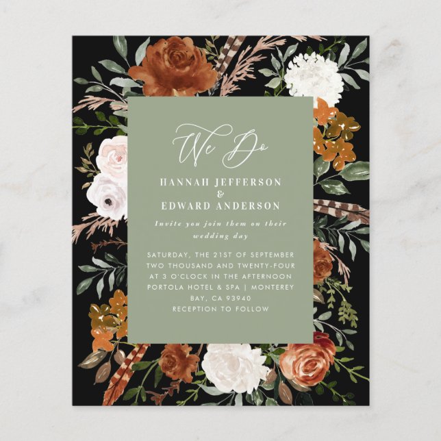 Budget sage green botanical wedding details invite flyer (Front)