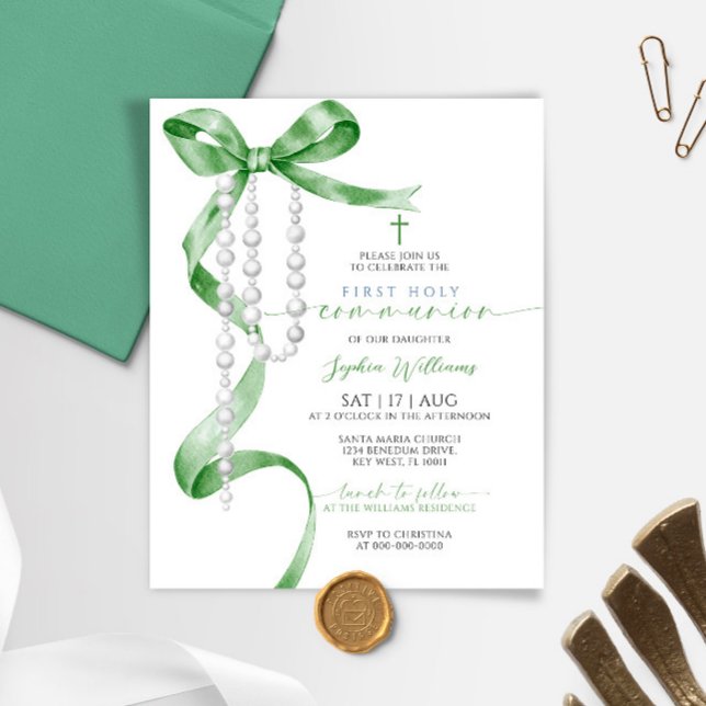 Budget Sage Green Bow First Communion Invitation (Creator Uploaded)
