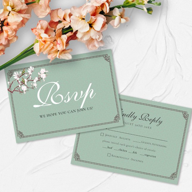 BUDGET Sage Green Chinoiserie Flower Bird Wedding Card (Creator Uploaded)