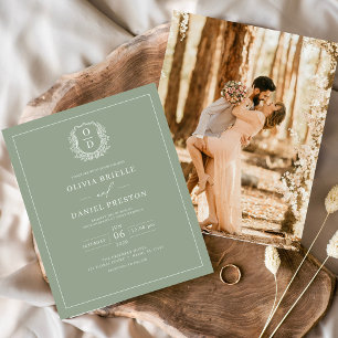 Budget Sage Green Crest Photo Wedding Invitation Flyer
