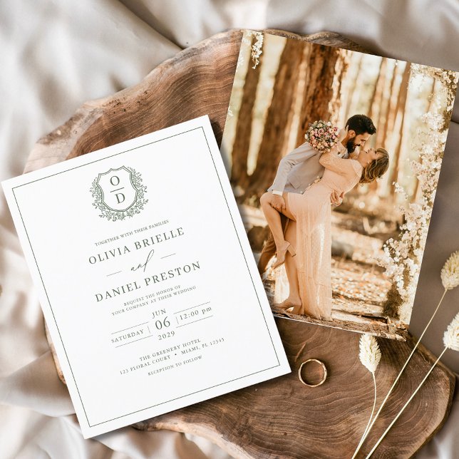 Budget Sage Green Crest Photo Wedding Invitation Flyer (Creator Uploaded)