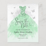 Budget Sage Green Dress Quinceañera Save the Date<br><div class="desc">Modern Stylish Light Mint Sage Green Silver Glitter Sparkle Watercolor Dress Butterfly Mis Quince Quinceañera</div>