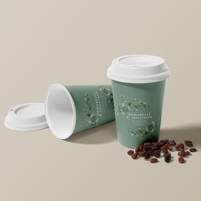 Budget sage green eucalyptus botanical wedding paper cups (Creator Uploaded)