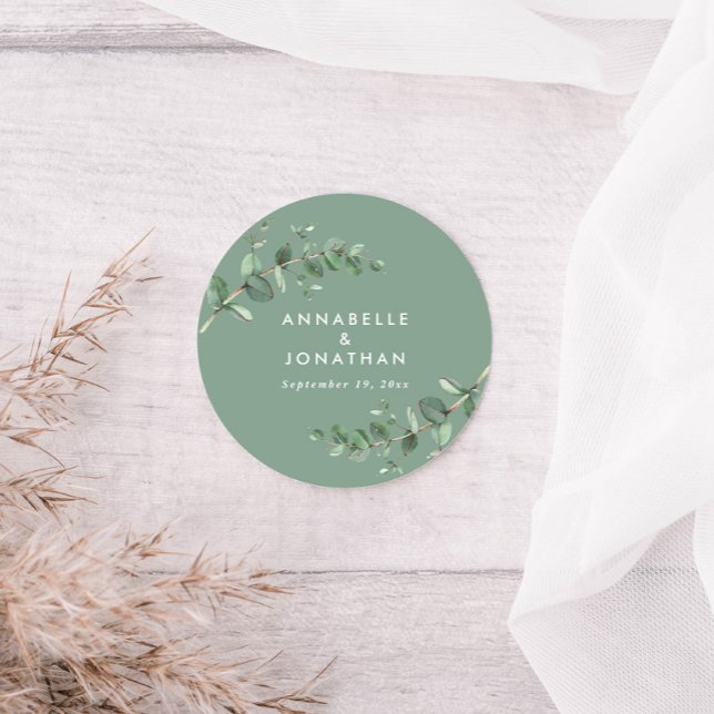 Budget sage green eucalyptus foliage wedding favou classic round sticker (Creator Uploaded)