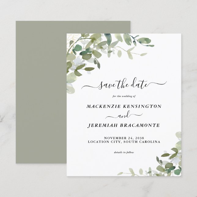Budget Sage Green Eucalyptus Wedding Save the Date (Front/Back)