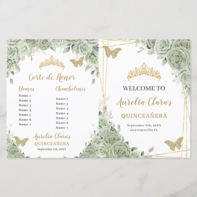 Budget Sage Green Floral Quinceanera XV Program  (Front)