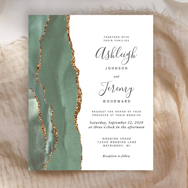 Budget Sage Green Gold Agate Wedding Invitation (Creator Uploaded)