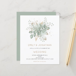 Budget Sage Green Gold Foliage Wedding Invitation