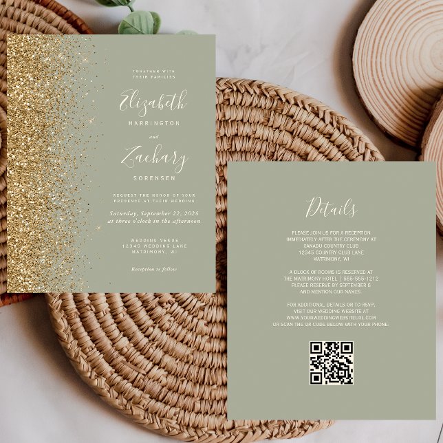 Budget Sage Green Gold Glitter QR Code Wedding (Creator Uploaded)