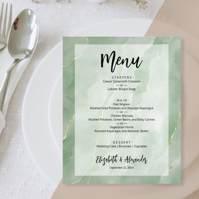 Budget Sage Green Gold Marble Wedding Menu (Creator Uploaded)