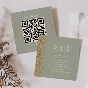Budget Sage Green Gold Wedding QR Code RSVP Enclosure Card
