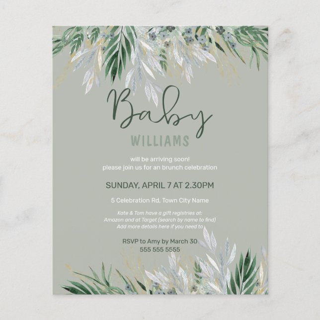 Budget Sage Green Leaves Baby Shower Invite (Front)