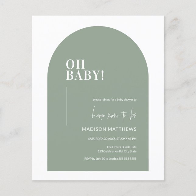 Budget Sage Green Minimal Arch Oh Baby Shower Flyer (Front)